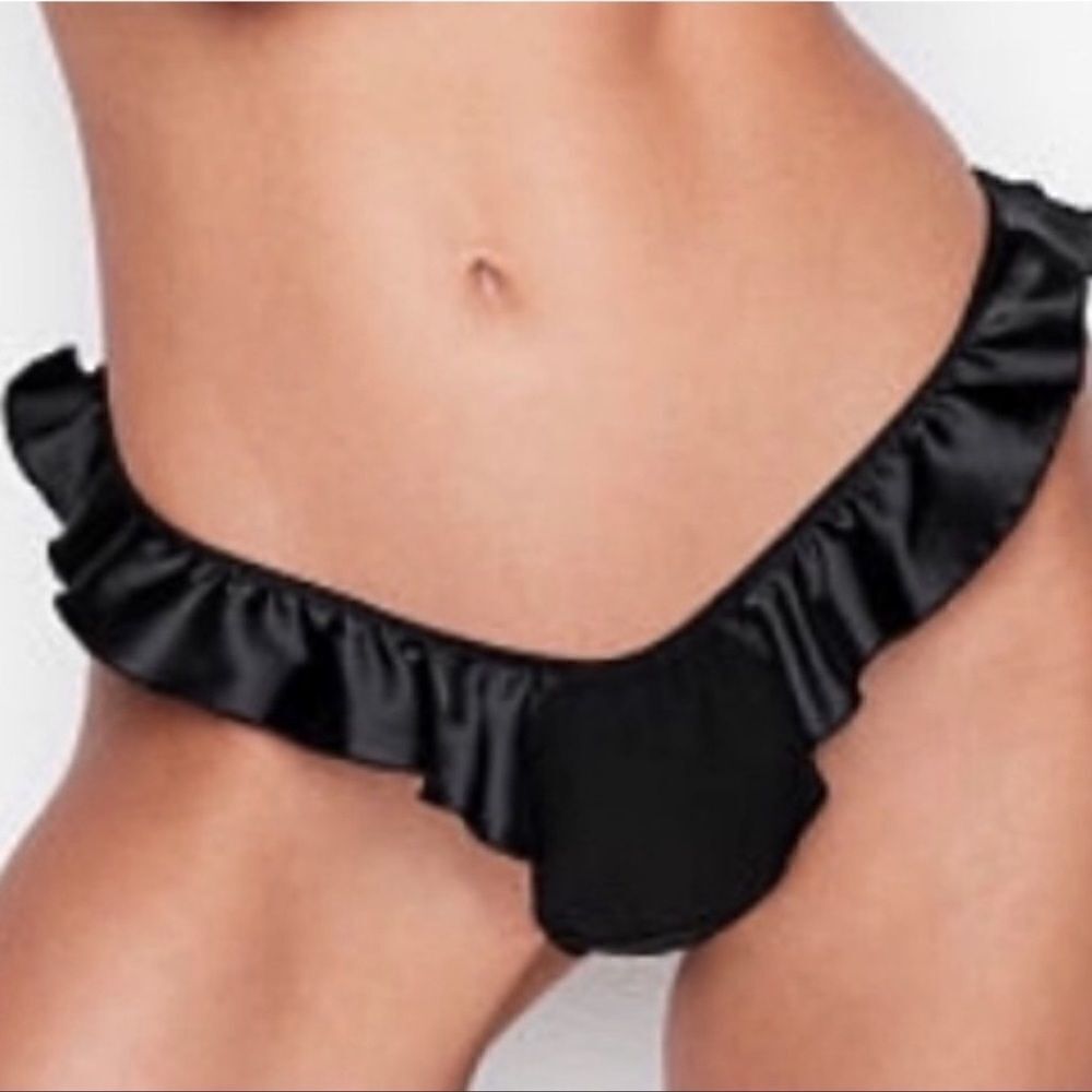 Victoria’s Secret Sexy Soft Satin French Cut Ruffle High leg thong panty Black M